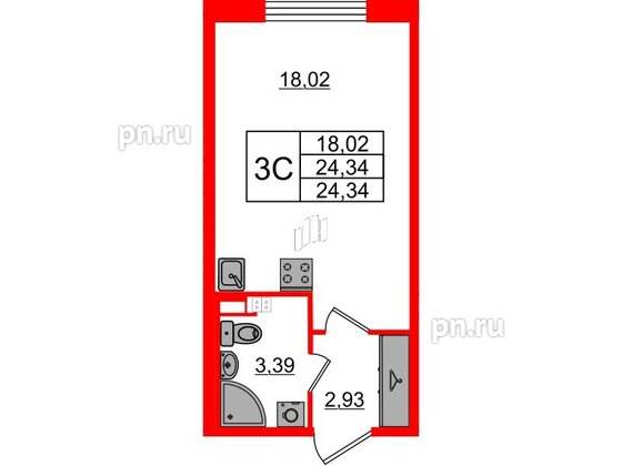 Квартира в ЖК Univer City, студия, 24.34 м², 3 этаж