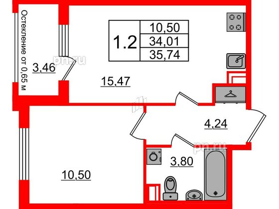 Квартира в ЖК Univer City, 1 комнатная, 34.01 м², 1 этаж