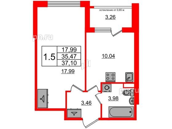 Квартира в ЖК Univer City, 1 комнатная, 35.47 м², 1 этаж