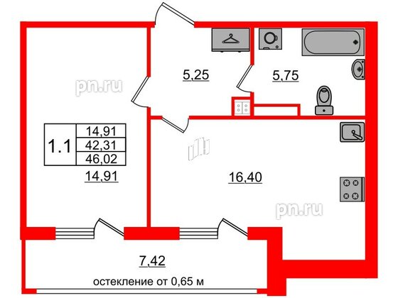 Квартира в ЖК Univer City, 1 комнатная, 42.31 м², 2 этаж