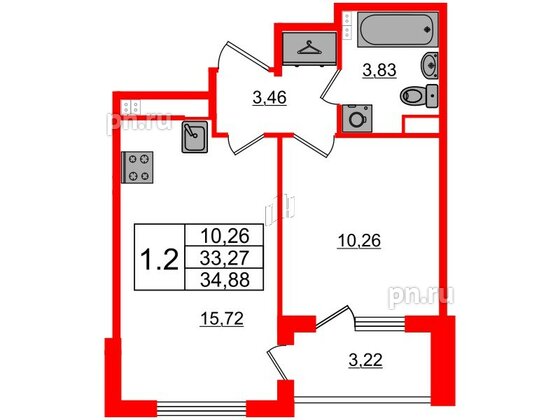 Квартира в ЖК 'Univer City', 1 комнатная, 33.27 м², 3 этаж