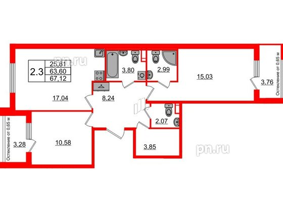 Квартира в ЖК 'Univer City', 2 комнатная, 63.6 м², 1 этаж