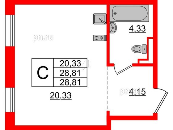 Апартаменты в ЖК ZOOM Черная речка, студия, 28.81 м², 3 этаж