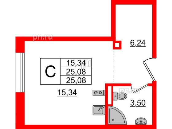 Апартаменты в ЖК ZOOM Черная речка, студия, 25.08 м², 3 этаж