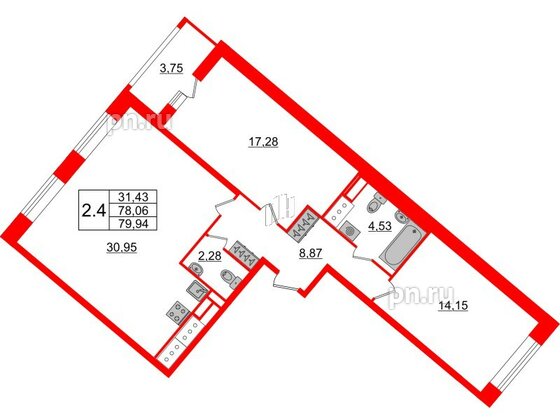 Квартира в ЖК 'Pulse Premier', 2 комнатная, 78.06 м², 9 этаж