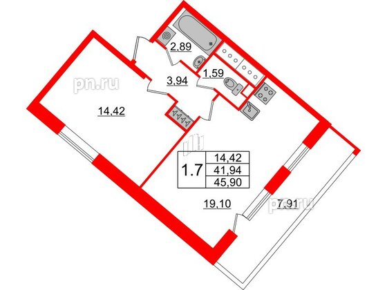 Квартира в ЖК Pulse Premier, 1 комнатная, 41.94 м², 9 этаж