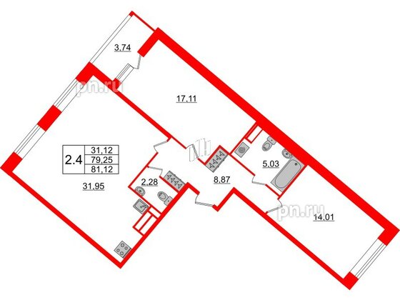 Квартира в ЖК Pulse Premier, 2 комнатная, 79.25 м², 2 этаж