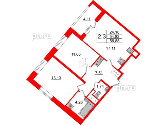 Квартира в ЖК 'Pulse Premier', 2 комнатная, 54.82 м², 9 этаж