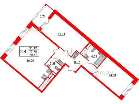 Квартира в ЖК Pulse Premier, 2 комнатная, 77.7 м², 5 этаж