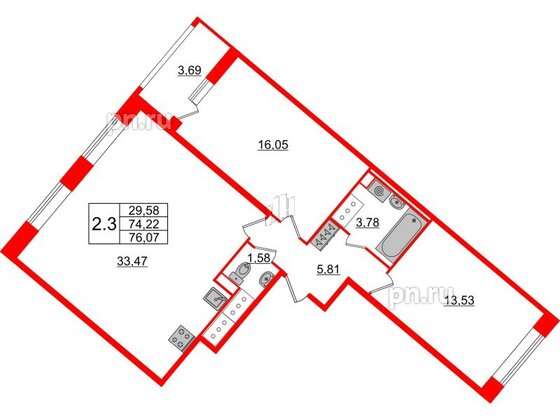 Квартира в ЖК Pulse Premier, 2 комнатная, 74.22 м², 5 этаж