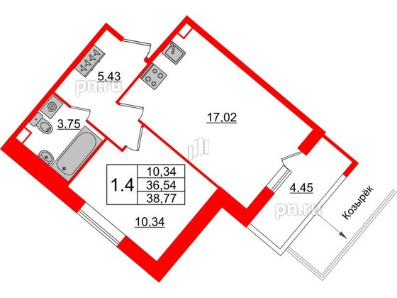 Квартира в ЖК Pulse Premier, 1 комнатная, 36.54 м², 2 этаж