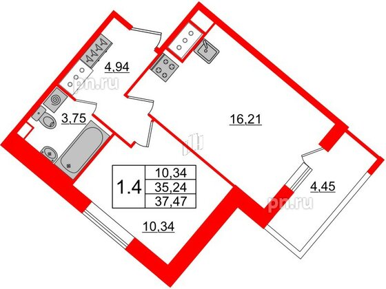 Квартира в ЖК Pulse Premier, 1 комнатная, 35.24 м², 6 этаж