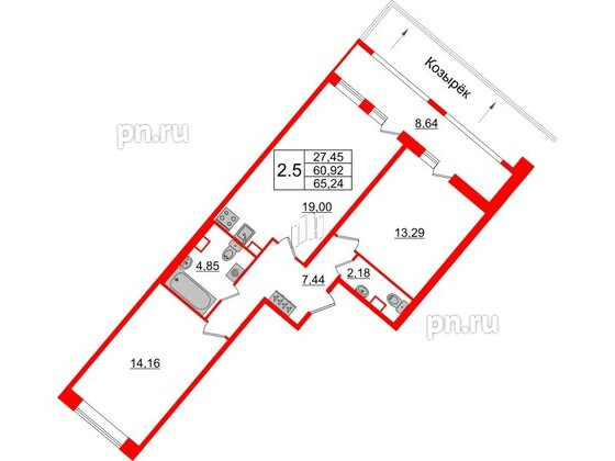 Квартира в ЖК Pulse Premier, 2 комнатная, 60.92 м², 2 этаж