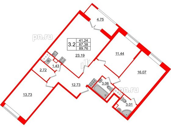 Квартира в ЖК Pulse Premier, 3 комнатная, 87.38 м², 16 этаж