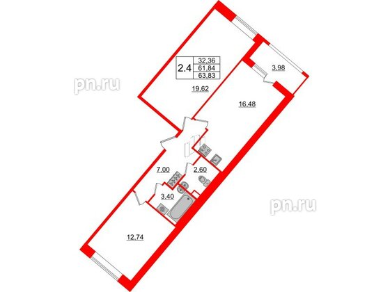 Квартира в ЖК Pulse Premier, 2 комнатная, 61.84 м², 2 этаж