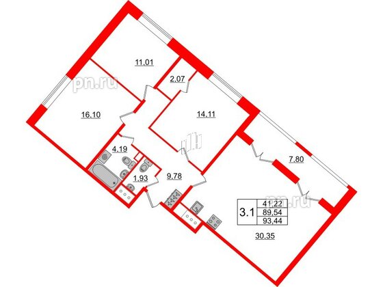 Квартира в ЖК Pulse Premier, 3 комнатная, 89.54 м², 2 этаж