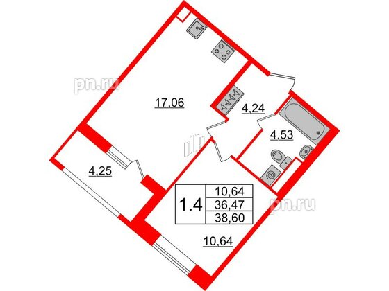 Квартира в ЖК Pulse Premier, 1 комнатная, 36.47 м², 1 этаж