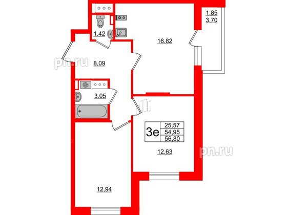 Квартира в ЖК Аквилон All in 3.0, 2 комнатная, 56.8 м², 7 этаж