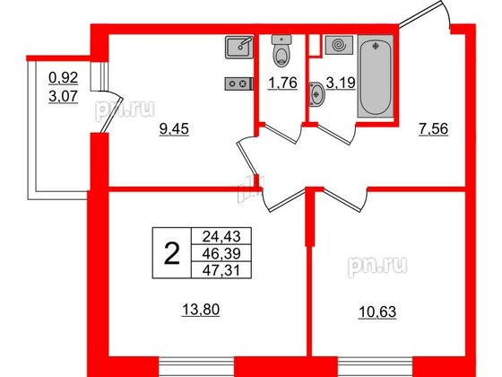 Квартира в ЖК Аквилон All in 3.0, 2 комнатная, 47.31 м², 2 этаж