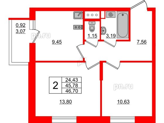 Квартира в ЖК Аквилон All in 3.0, 2 комнатная, 46.7 м², 10 этаж