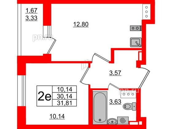 Квартира в ЖК Аквилон All in 3.0, 1 комнатная, 31.81 м², 5 этаж