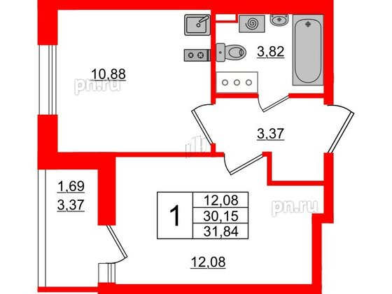 Квартира в ЖК Аквилон All in 3.0, 1 комнатная, 31.84 м², 12 этаж