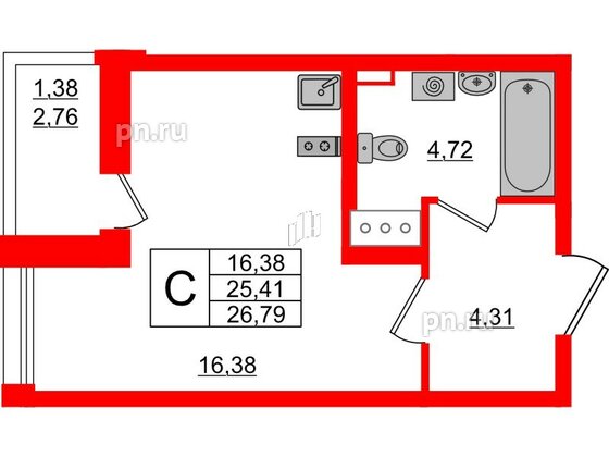 Квартира в ЖК Аквилон All in 3.0, студия, 26.79 м², 4 этаж