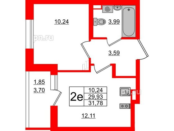 Квартира в ЖК Аквилон All in 3.0, 1 комнатная, 31.78 м², 2 этаж