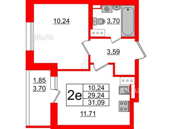 Квартира в ЖК Аквилон All in 3.0, 1 комнатная, 31.09 м², 10 этаж