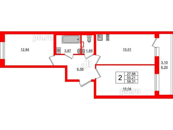 Квартира в ЖК Аквилон All in 3.0, 2 комнатная, 58.31 м², 2 этаж