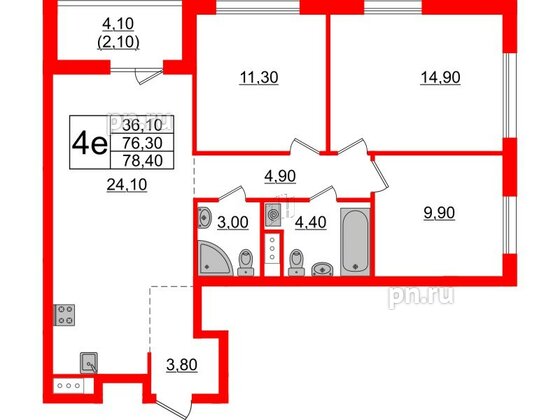 Квартира в ЖК А101 Лаголово, 3 комнатная, 78.4 м², 2 этаж