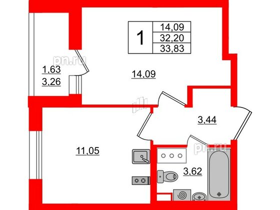 Квартира в ЖК «Аквилон Олл Ин 3.0», 1 комнатная, 33.83 м², 11 этаж