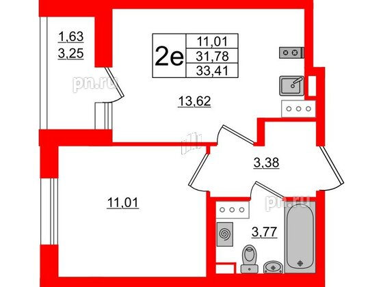 Квартира в ЖК Аквилон All in 3.0, 1 комнатная, 33.41 м², 12 этаж