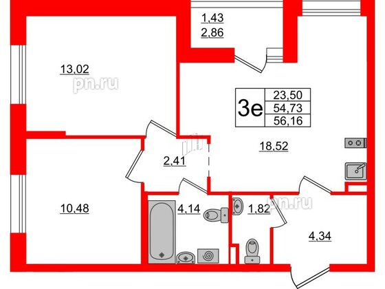 Квартира в ЖК Аквилон All in 3.0, 2 комнатная, 56.16 м², 2 этаж