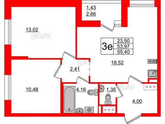 Квартира в ЖК Аквилон All in 3.0, 2 комнатная, 55.4 м², 3 этаж