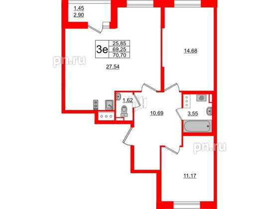 Квартира в ЖК Аквилон All in 3.0, 2 комнатная, 70.7 м², 5 этаж