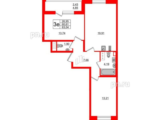 Квартира в ЖК Аквилон All in 3.0, 2 комнатная, 63.04 м², 3 этаж