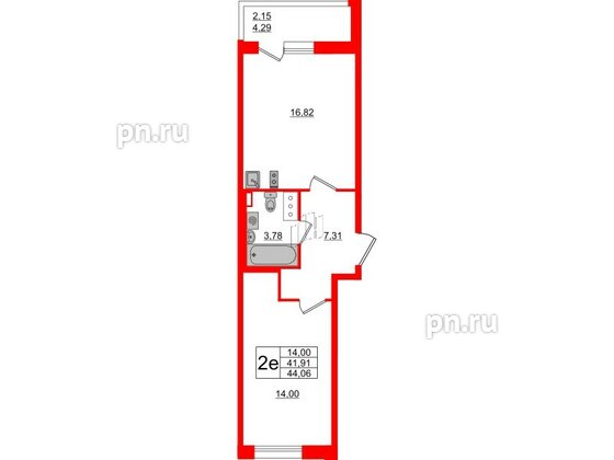 Квартира в ЖК Аквилон All in 3.0, 1 комнатная, 44.06 м², 3 этаж