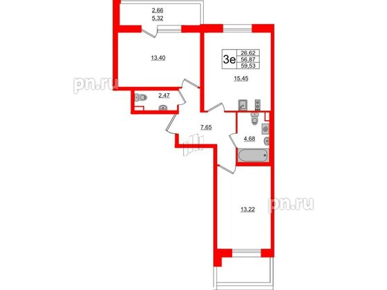 Квартира в ЖК Аквилон All in 3.0, 2 комнатная, 59.53 м², 2 этаж