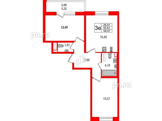 Квартира в ЖК Аквилон All in 3.0, 2 комнатная, 58.47 м², 3 этаж