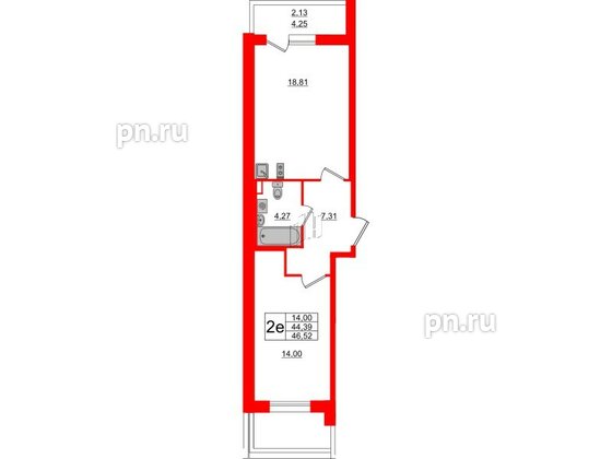 Квартира в ЖК Аквилон All in 3.0, 1 комнатная, 46.52 м², 2 этаж