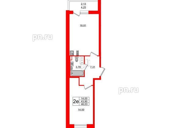 Квартира в ЖК Аквилон All in 3.0, 1 комнатная, 46.03 м², 4 этаж