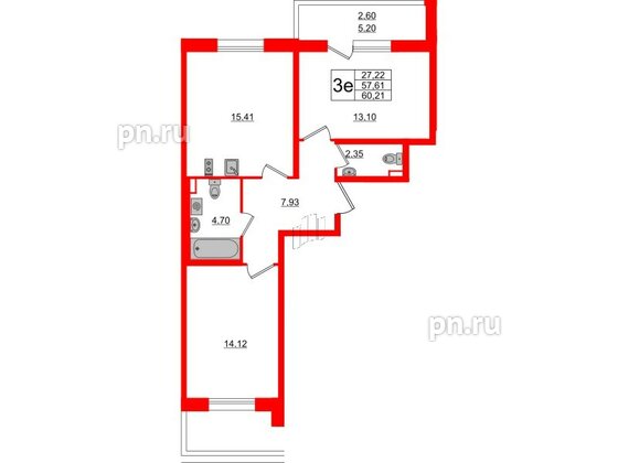 Квартира в ЖК Аквилон All in 3.0, 2 комнатная, 60.21 м², 2 этаж