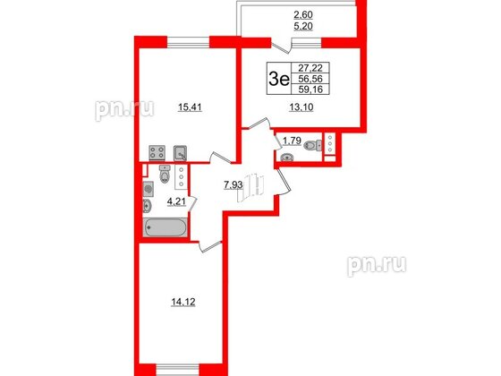 Квартира в ЖК Аквилон All in 3.0, 2 комнатная, 59.16 м², 3 этаж