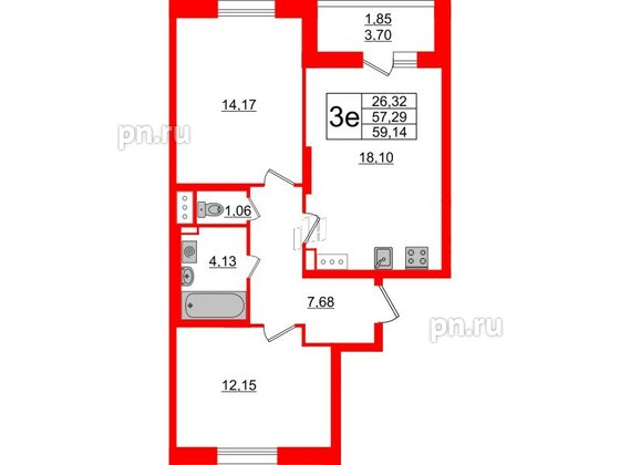 Квартира в ЖК Аквилон All in 3.0, 2 комнатная, 59.14 м², 5 этаж