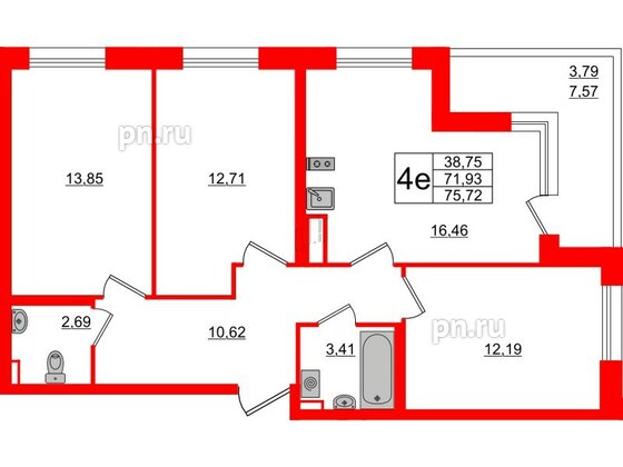 Квартира в ЖК Аквилон All in 3.0, 3 комнатная, 75.72 м², 2 этаж