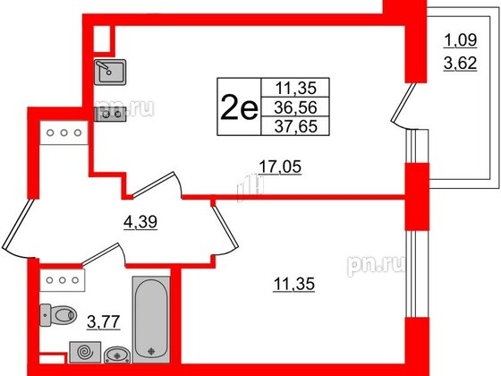 Квартира в ЖК Аквилон All in 3.0, 1 комнатная, 37.65 м², 6 этаж