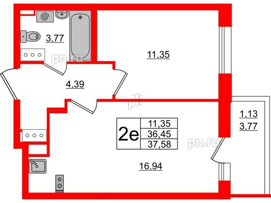 Квартира в ЖК Аквилон All in 3.0, 1 комнатная, 37.58 м², 12 этаж