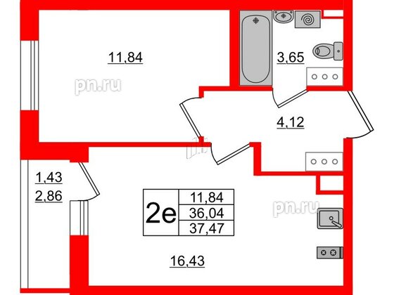 Квартира в ЖК Аквилон All in 3.0, 1 комнатная, 37.47 м², 4 этаж