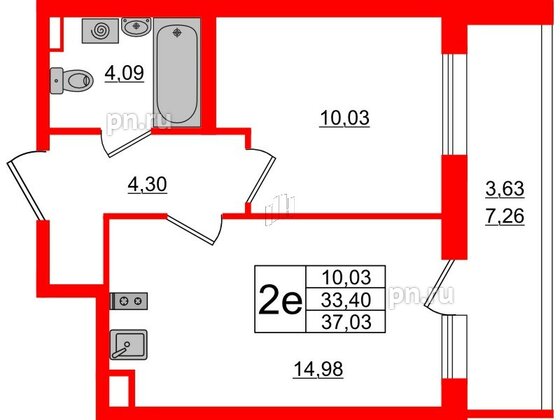 Квартира в ЖК Аквилон All in 3.0, 1 комнатная, 37.03 м², 2 этаж